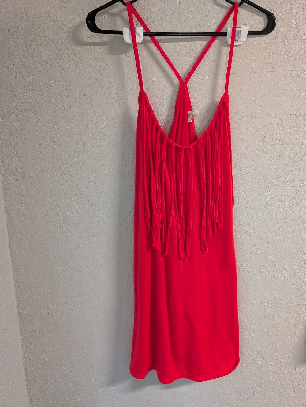 Coral Fringe Slip Dress XL Racerback Swim Cover Boho Cottage Indie Festival